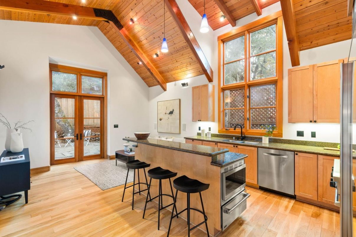 Interior, Kitchen, Pendant Lights, Recessed Lighting, Stainless Steel Appliances, Wooden Beams, Wooden Ceilings, Wood Texture Flooring