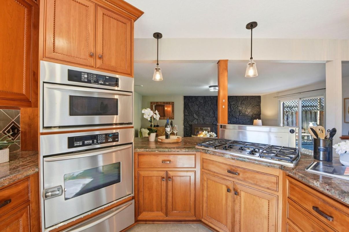 Fireplace, Interior, Kitchen, Pendant Lights, Stainless Steel Appliances