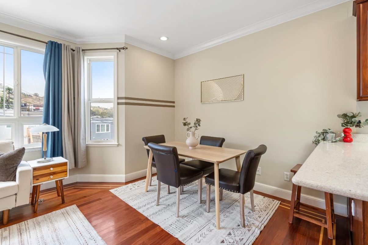 Dining room, Interior, Recessed Lighting, Wood Texture Flooring