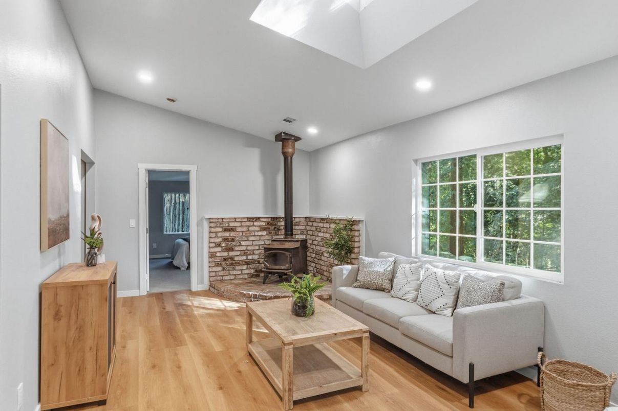 Fireplace, Interior, Living room, Recessed Lighting, Wood Texture Flooring