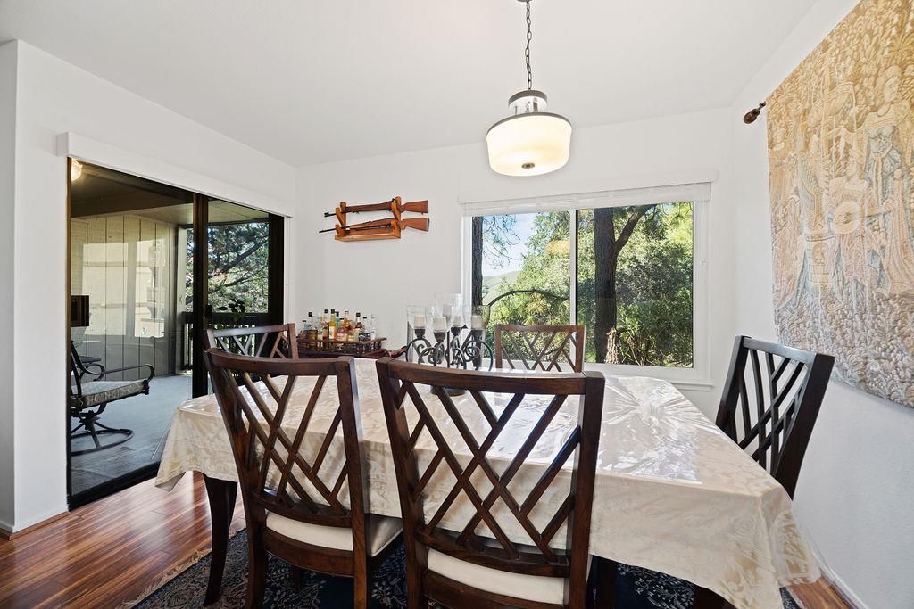 Dining room, Interior, Pendant Lights, Wood Texture Flooring