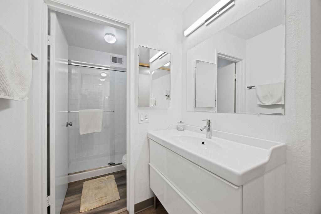 Bathroom, Glass Shower, Interior, Wood Texture Flooring