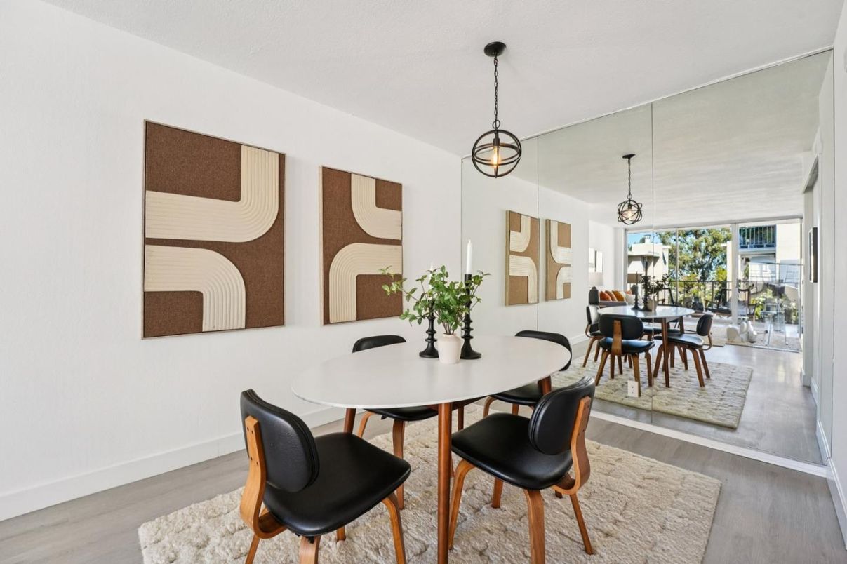 Dining room, Interior, Pendant Lights, Wood Texture Flooring