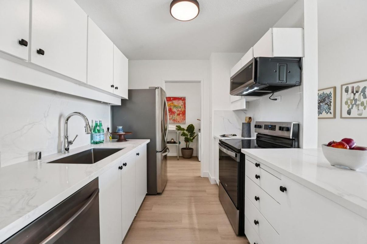 Interior, Kitchen, Marble Walls, Stainless Steel Appliances, Wood Texture Flooring