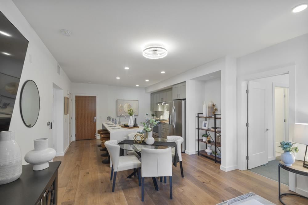 Dining room, Interior, Kitchen, Recessed Lighting, Stainless Steel Appliances, Wood Texture Flooring