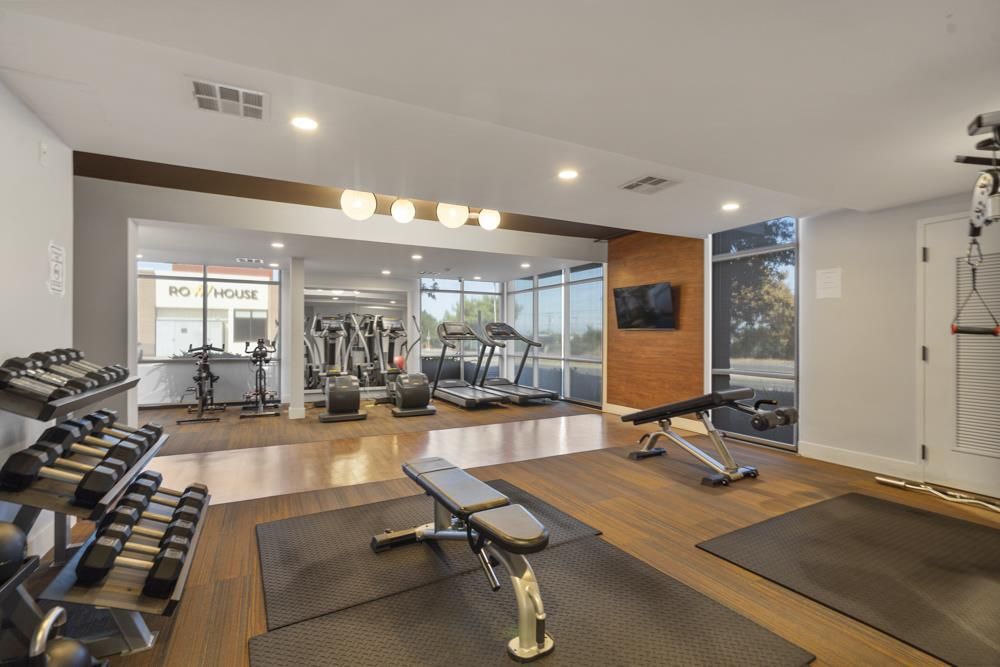 Fitness Equipment, Gym, Interior, Recessed Lighting, Wood Texture Flooring