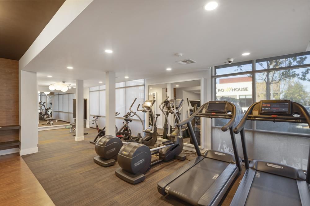 Fitness Equipment, Gym, Interior, Recessed Lighting, Wood Texture Flooring