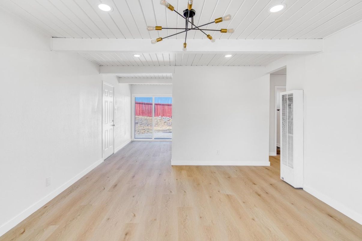 Empty room, Interior, Pendant Lights, Recessed Lighting, Wood Texture Flooring