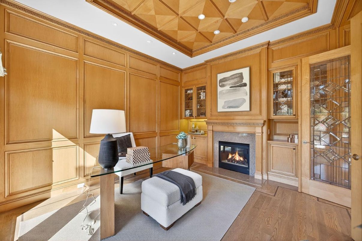 Fireplace, Home Office, Interior, Pendant Lights, Recessed Lighting, Wood Texture Flooring, Wooden Walls