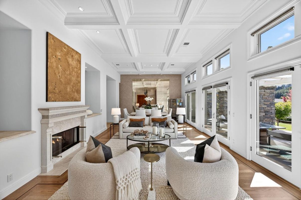 Dining room, Fireplace, Interior, Living room, Recessed Lighting, Wood Texture Flooring