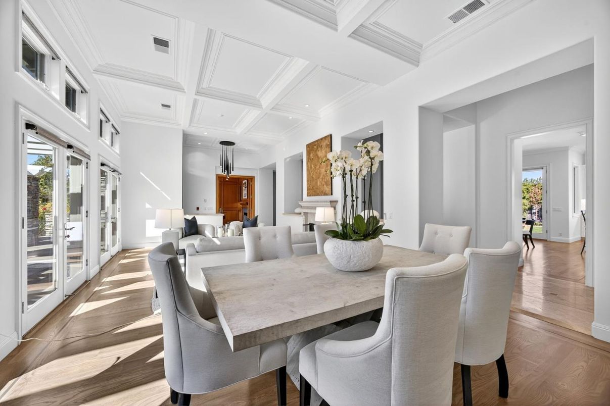 Dining room, Interior, Pendant Lights, Recessed Lighting, Wood Texture Flooring
