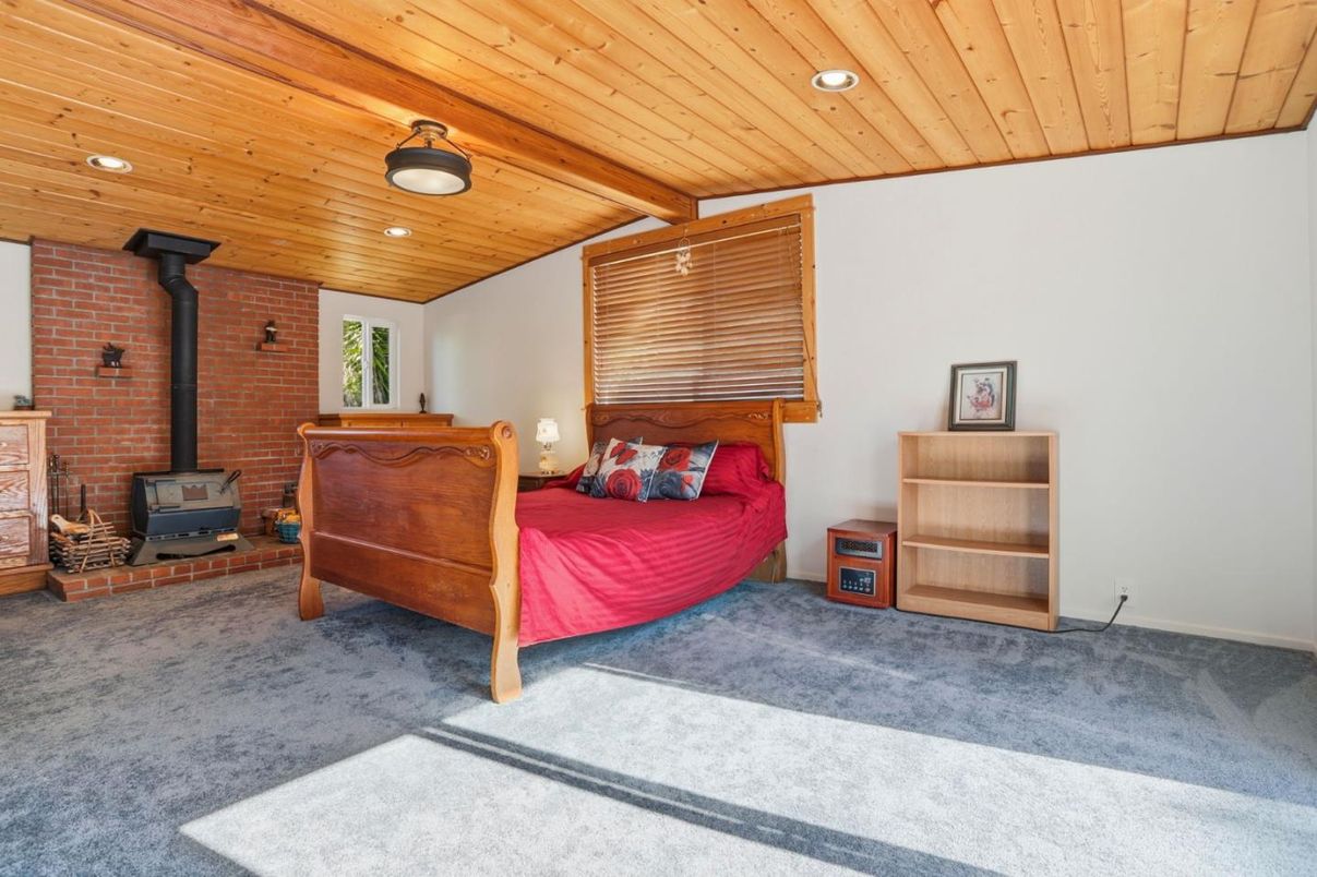 Bedroom, Fireplace, Interior, Recessed Lighting, Stone Walls, Wooden Ceilings