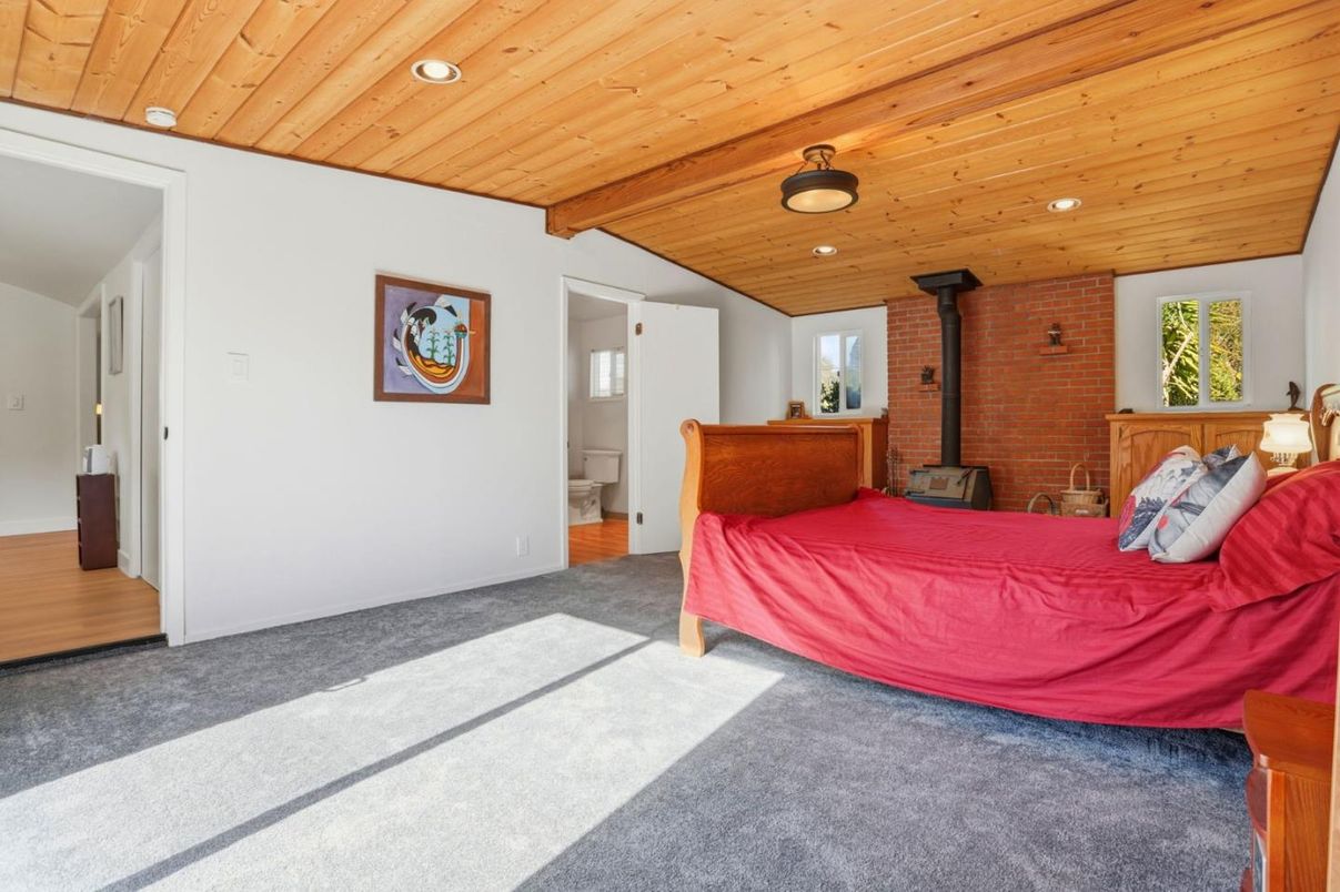 Bedroom, Fireplace, Interior, Recessed Lighting, Stone Walls, Wooden Beams, Wooden Ceilings
