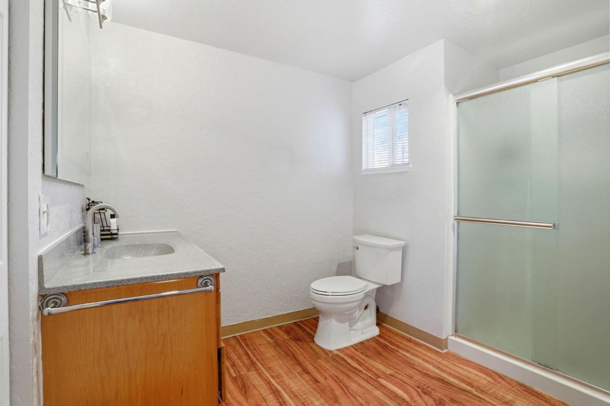 Bathroom, Glass Shower, Interior, Wood Texture Flooring