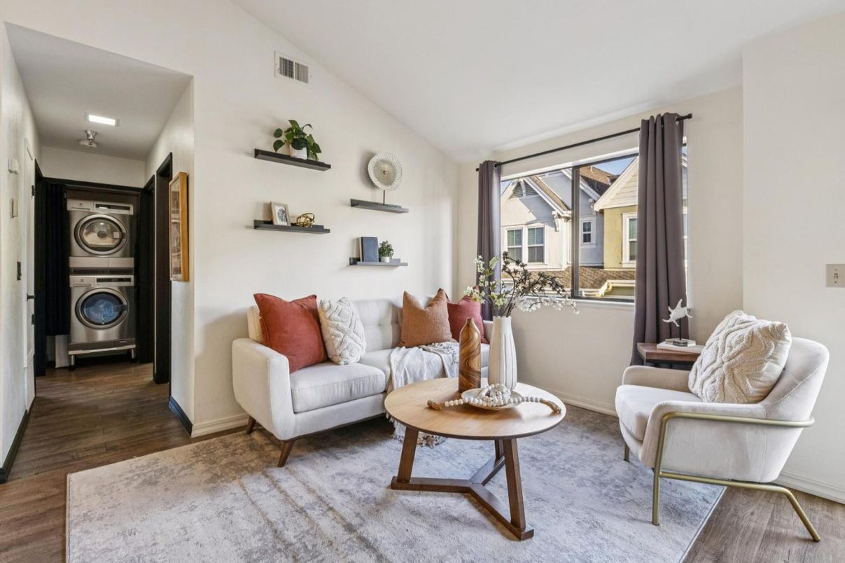 Interior, Living room, Utility Closets, Washer, Wood Texture Flooring