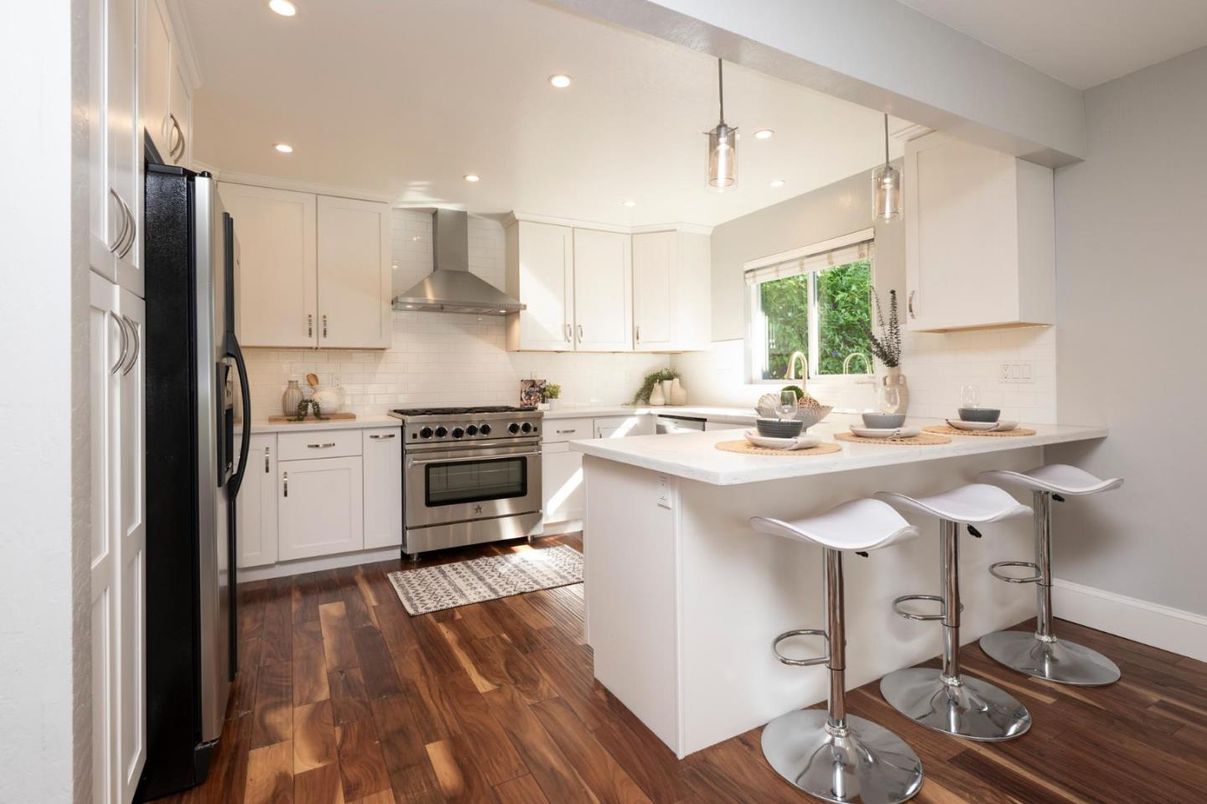 Interior, Kitchen, Pendant Lights, Recessed Lighting, Stainless Steel Appliances, Wood Texture Flooring