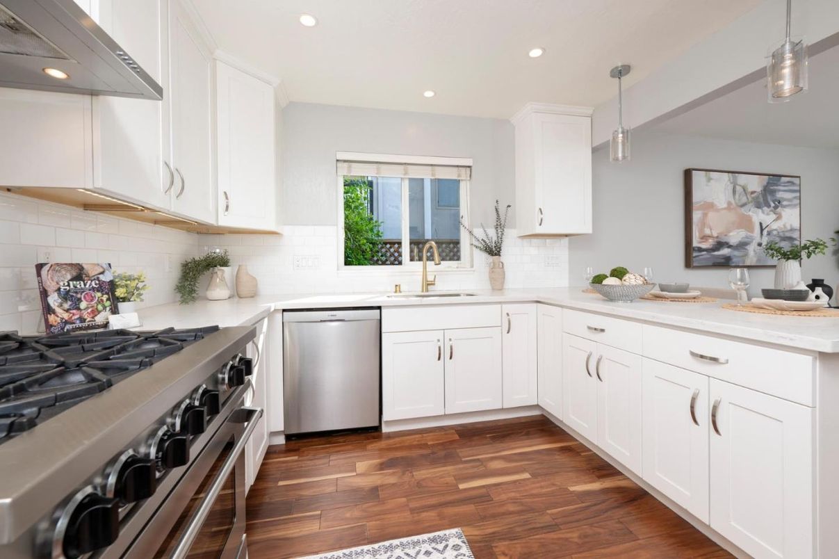 Interior, Kitchen, Pendant Lights, Recessed Lighting, Stainless Steel Appliances, Wood Texture Flooring