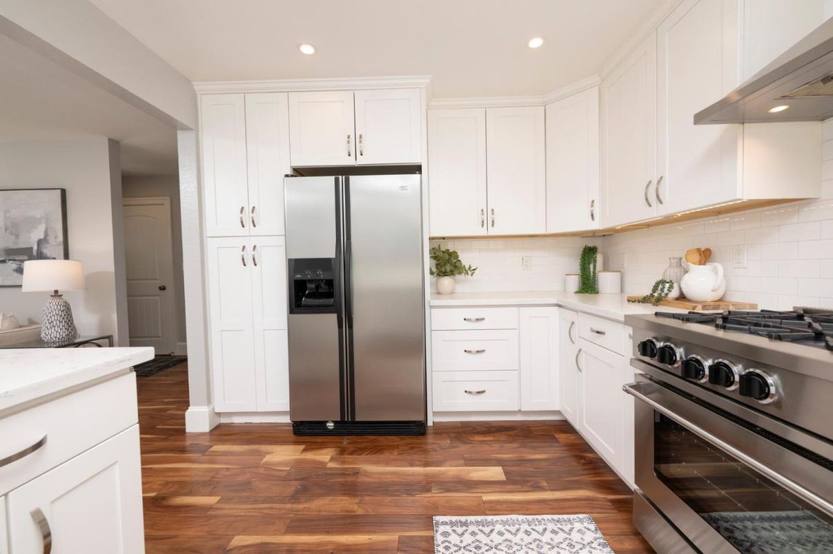 Interior, Kitchen, Recessed Lighting, Stainless Steel Appliances, Wood Texture Flooring
