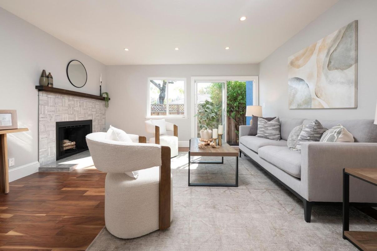 Fireplace, Interior, Living room, Recessed Lighting, Wood Texture Flooring