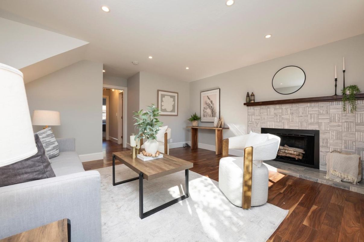 Fireplace, Interior, Living room, Recessed Lighting, Wood Texture Flooring