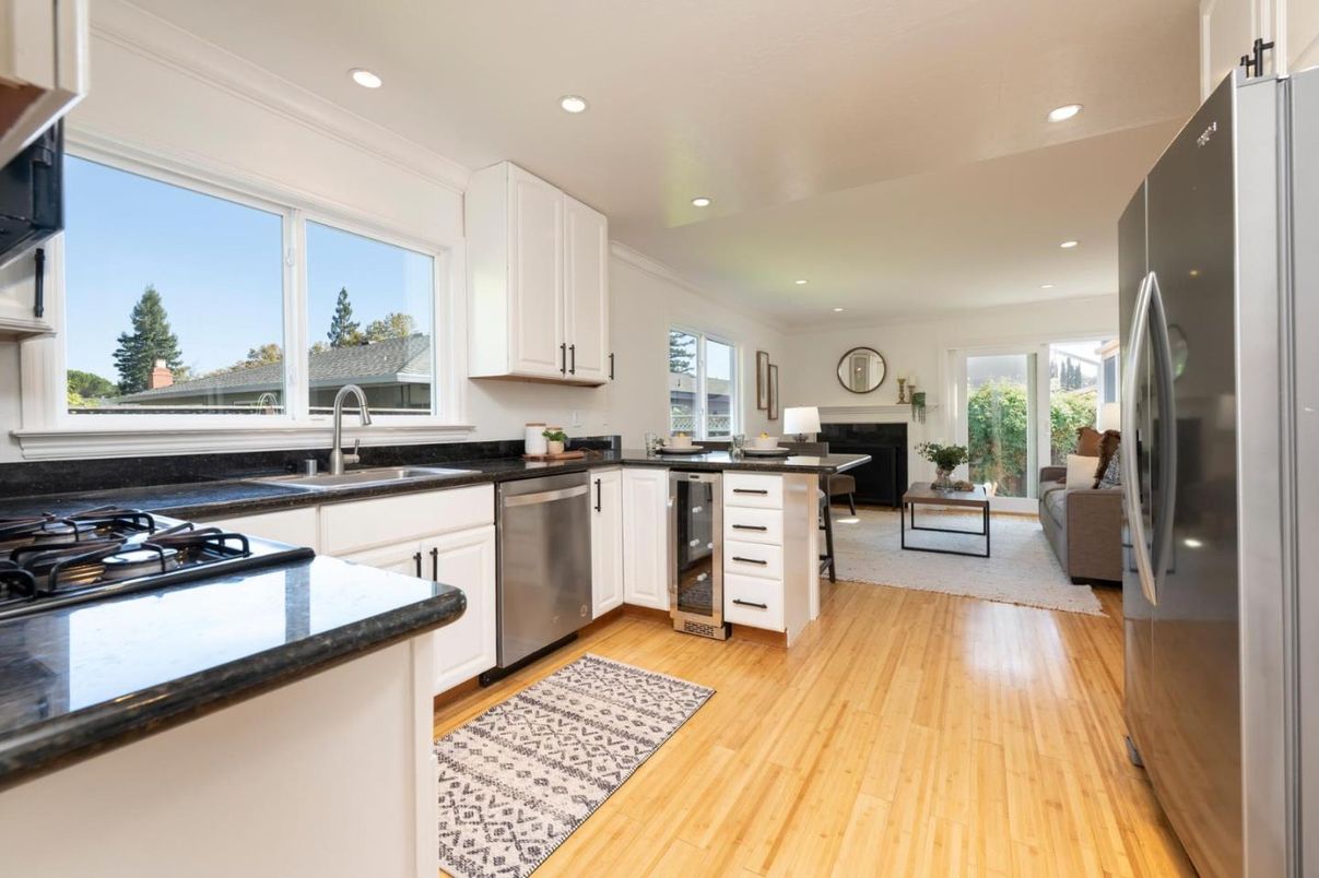 Interior, Kitchen, Living room, Recessed Lighting, Stainless Steel Appliances, Wood Texture Flooring