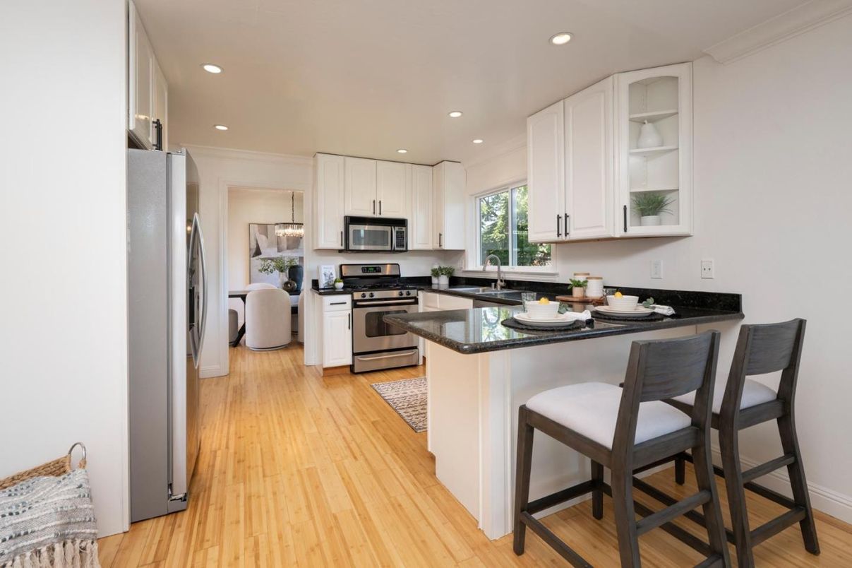Interior, Kitchen, Recessed Lighting, Stainless Steel Appliances, Wood Texture Flooring