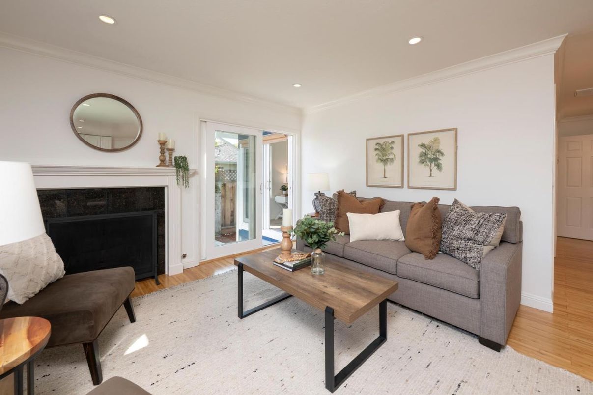 Fireplace, Interior, Living room, Recessed Lighting, Wood Texture Flooring