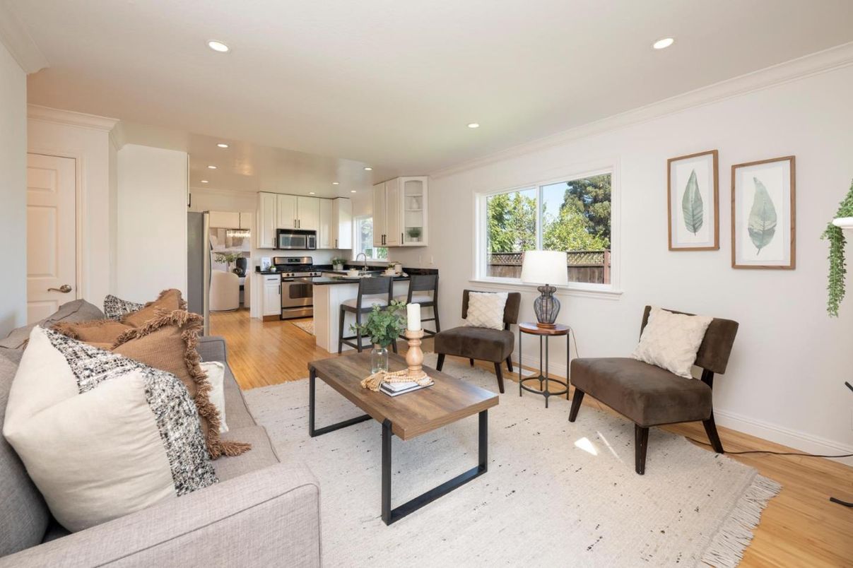 Interior, Kitchen, Living room, Recessed Lighting, Stainless Steel Appliances, Wood Texture Flooring