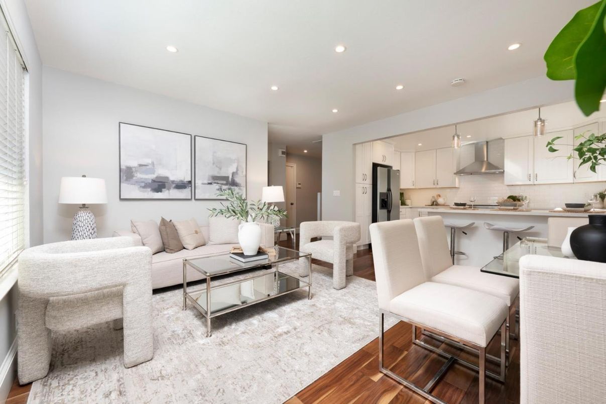 Interior, Kitchen, Living room, Recessed Lighting, Stainless Steel Appliances, Wood Texture Flooring