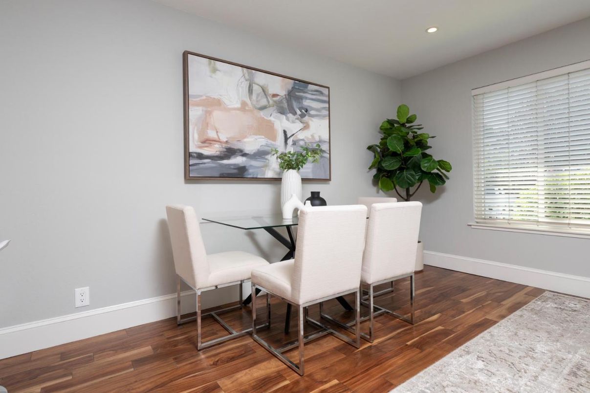 Dining room, Interior, Recessed Lighting, Wood Texture Flooring