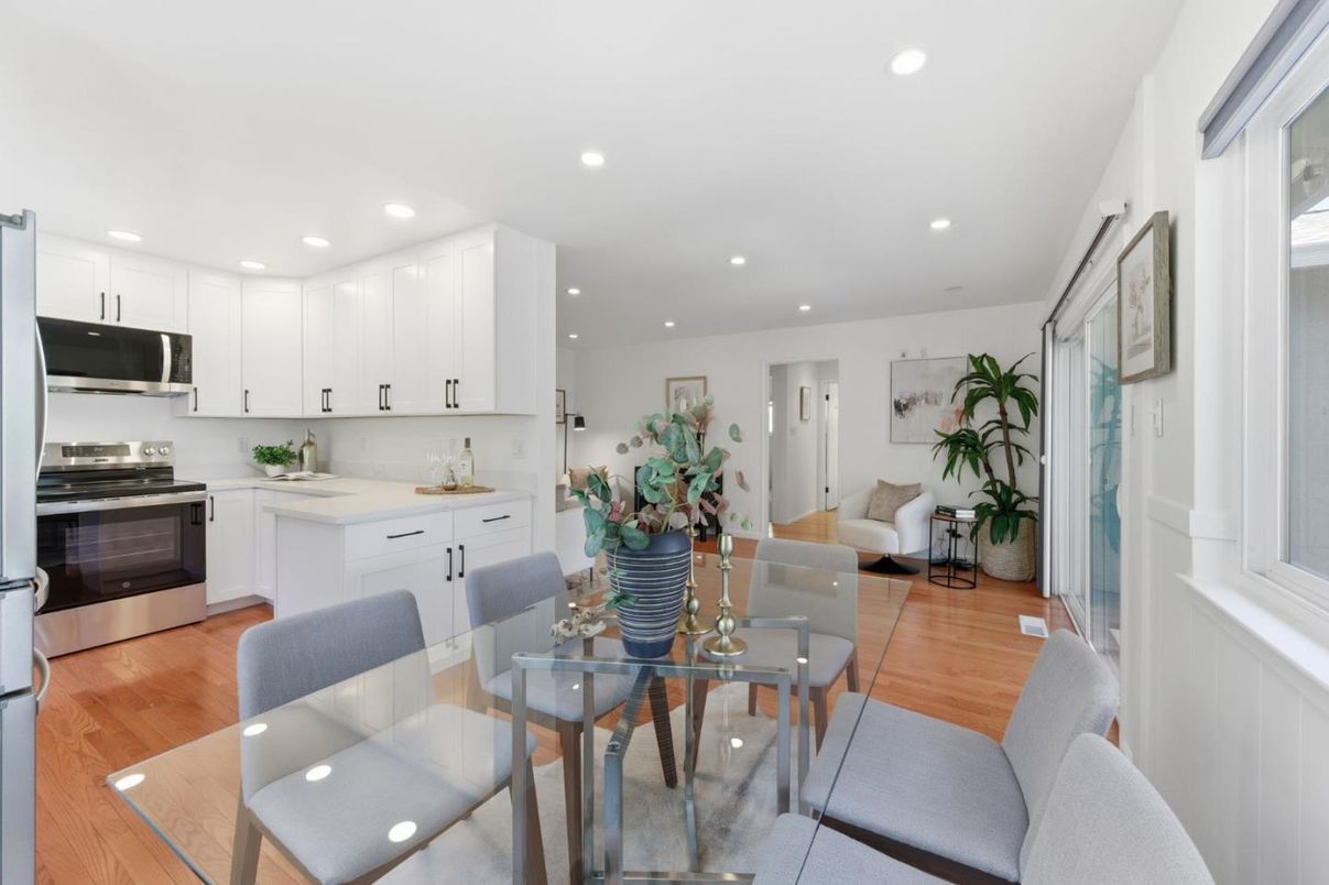 Dining room, Interior, Kitchen, Living room, Recessed Lighting, Stainless Steel Appliances, Wood Texture Flooring