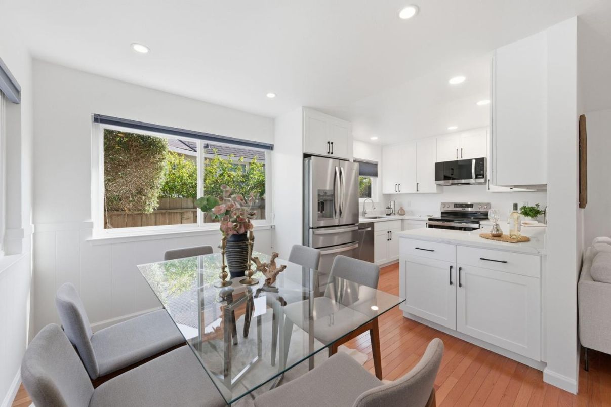 Dining room, Interior, Kitchen, Recessed Lighting, Stainless Steel Appliances, Wood Texture Flooring
