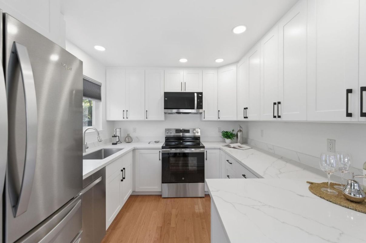 Interior, Kitchen, Recessed Lighting, Stainless Steel Appliances, Wood Texture Flooring