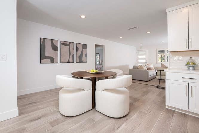 Dining room, Interior, Living room, Recessed Lighting, Wood Texture Flooring