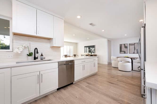 Interior, Kitchen, Recessed Lighting, Stainless Steel Appliances, Wood Texture Flooring