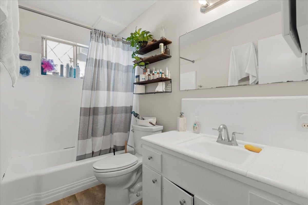 Bathroom, Interior, Tile Countertops, Wood Texture Flooring