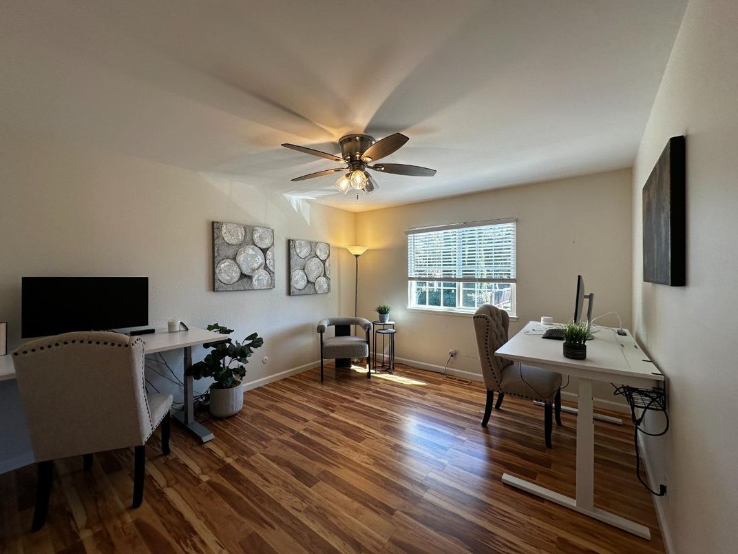 Home Office, Interior, Stone Walls, Wood Texture Flooring