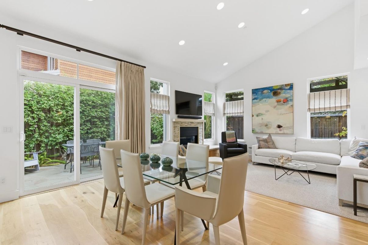 Dining room, Fireplace, Interior, Living room, Recessed Lighting, Wood Texture Flooring