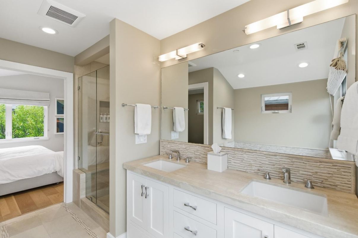 Bathroom, Bedroom, Dual Sink Vanities, Glass Shower, Interior, Recessed Lighting, Wood Texture Flooring