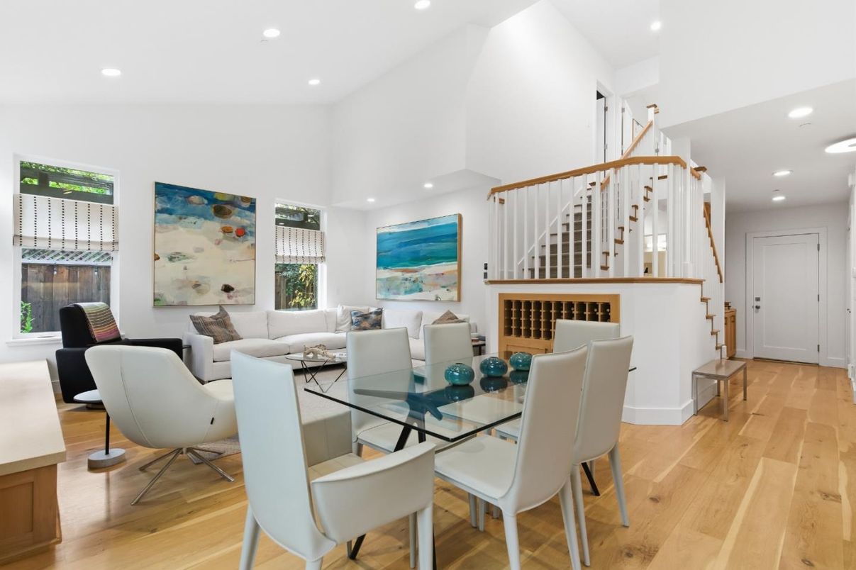 Dining room, Interior, Living room, Recessed Lighting, Wood Texture Flooring