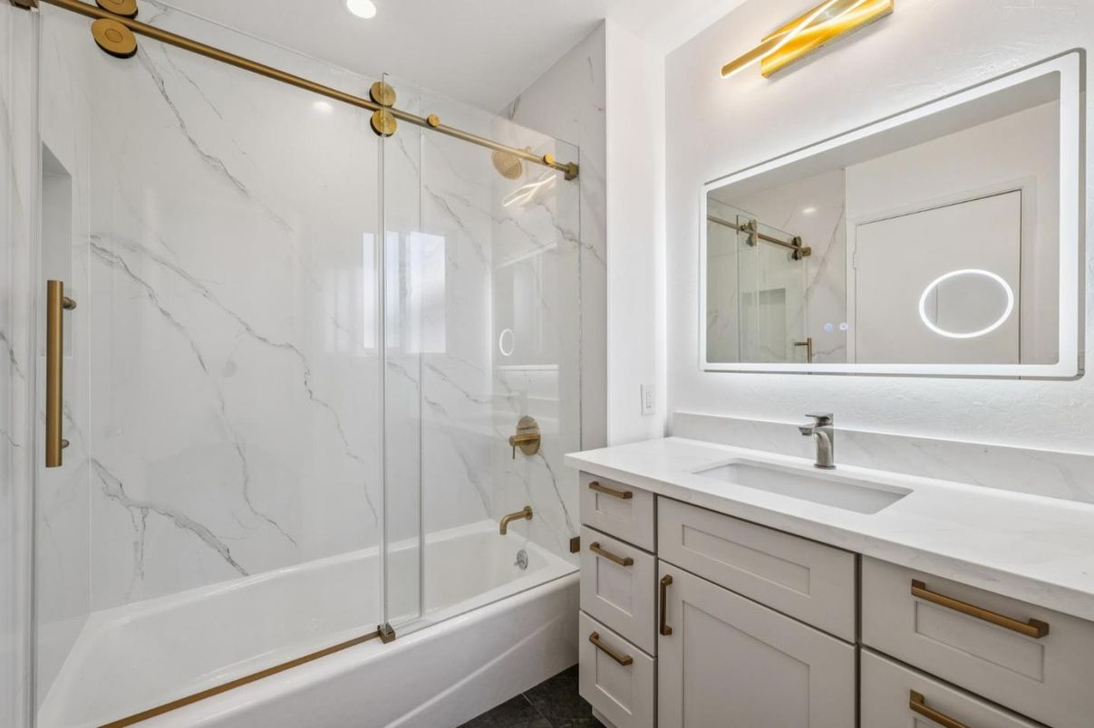 Bathroom, Glass Shower, Interior, Marble Walls, Recessed Lighting