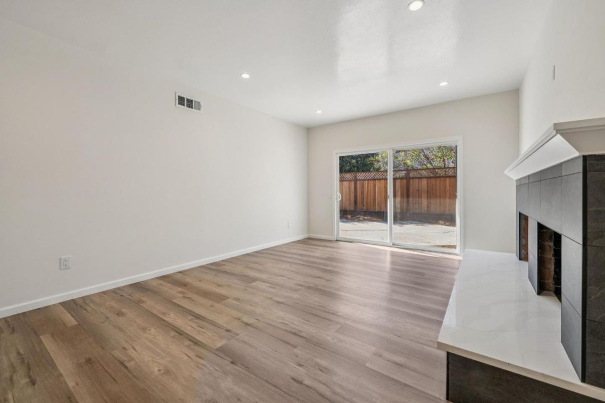 Empty room, Fireplace, Interior, Recessed Lighting, Wood Texture Flooring