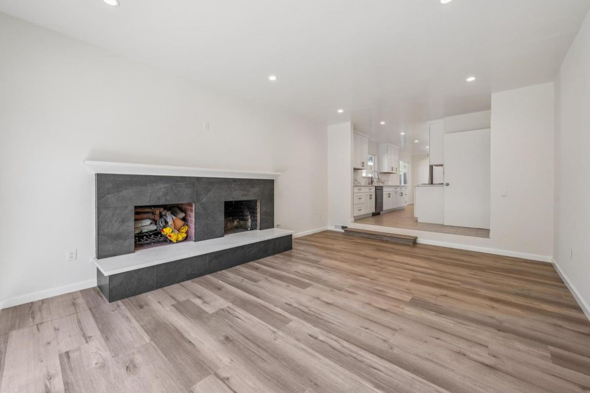 Empty room, Fireplace, Interior, Recessed Lighting, Wood Texture Flooring