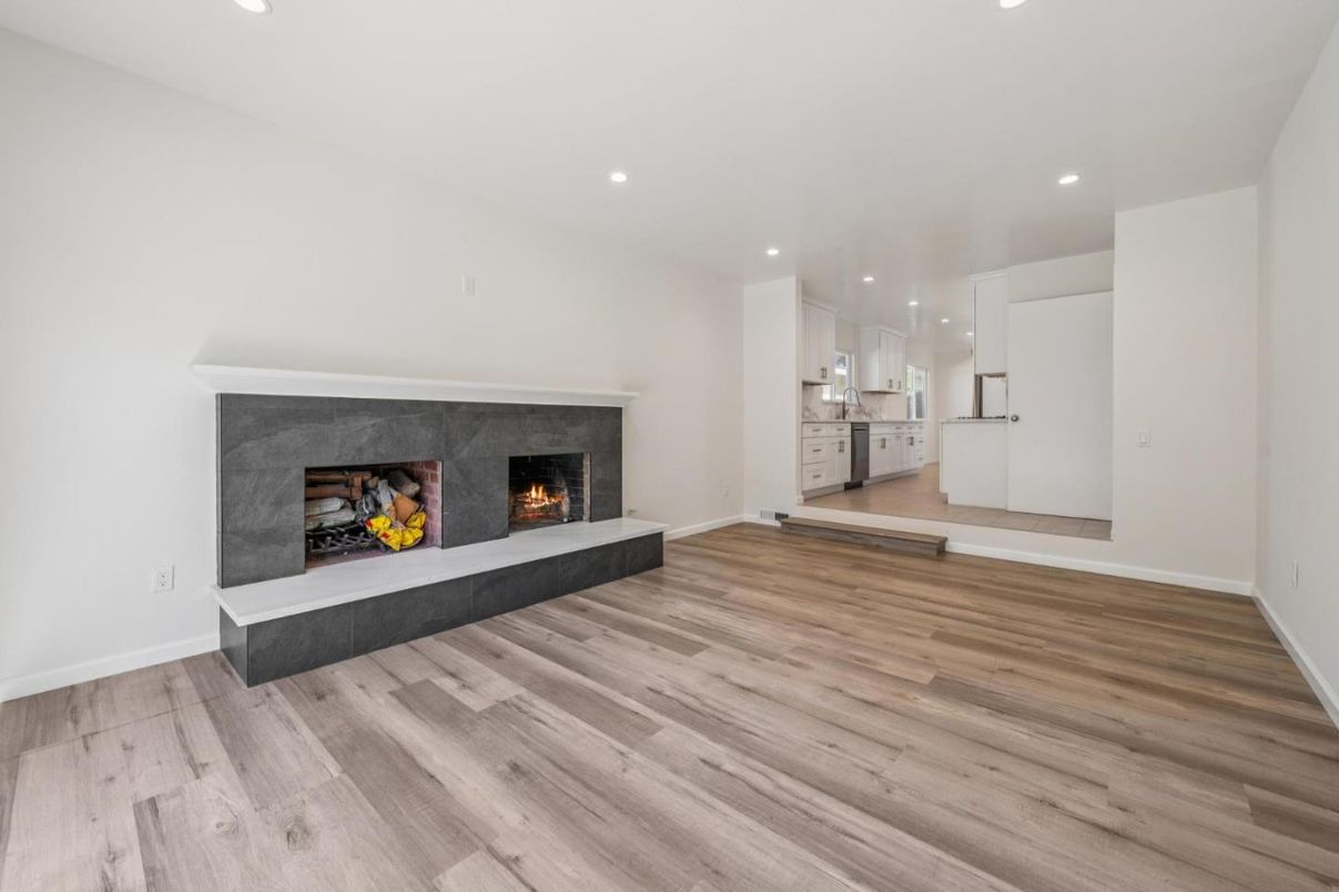 Empty room, Fireplace, Interior, Recessed Lighting, Wood Texture Flooring