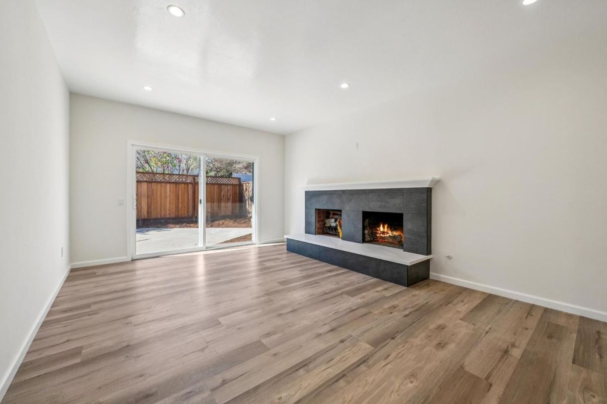 Empty room, Fireplace, Interior, Recessed Lighting, Wood Texture Flooring