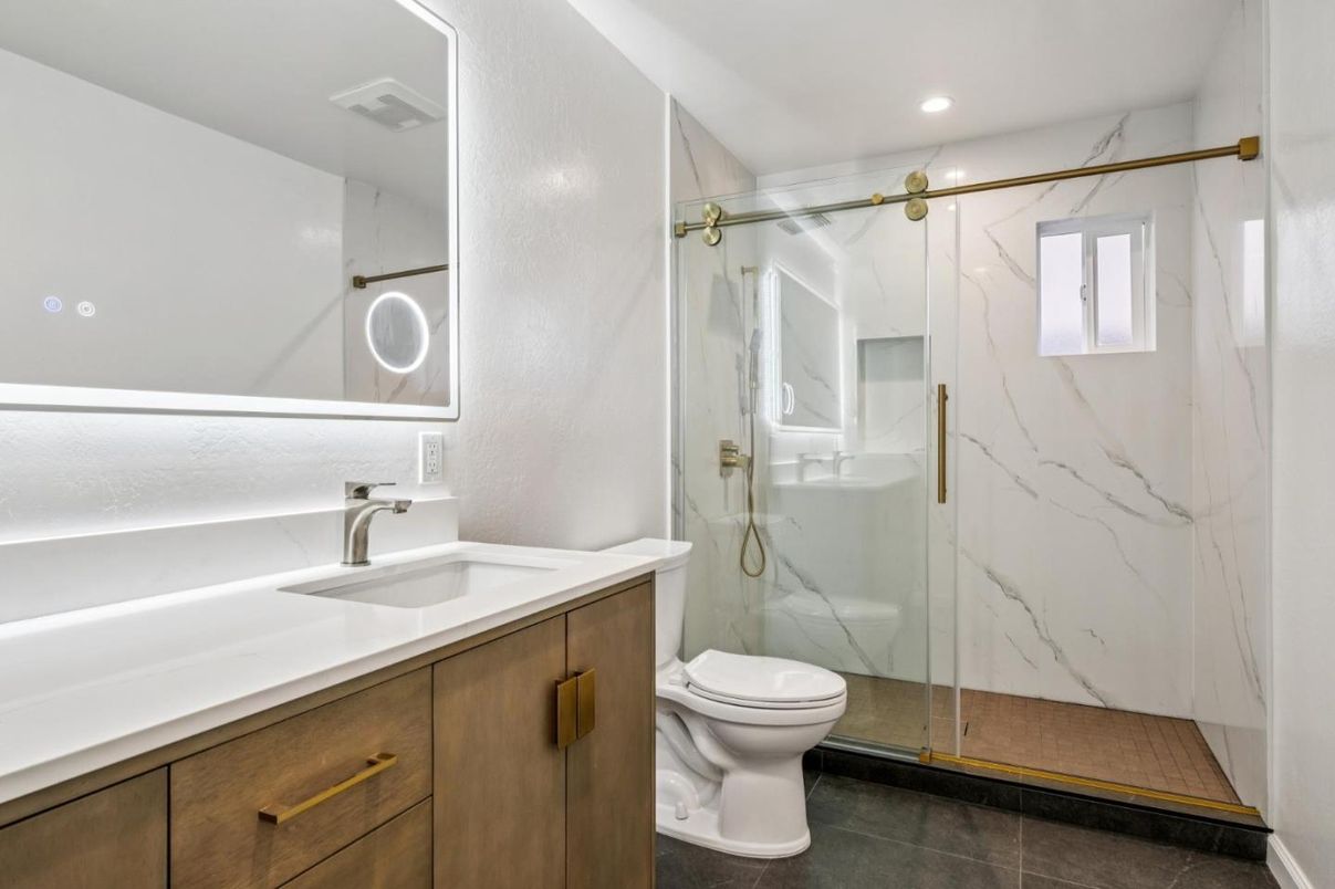 Bathroom, Glass Shower, Interior, Marble Walls, Recessed Lighting