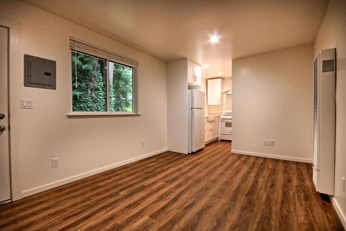 Empty room, Interior, Kitchen, Recessed Lighting, Wood Texture Flooring