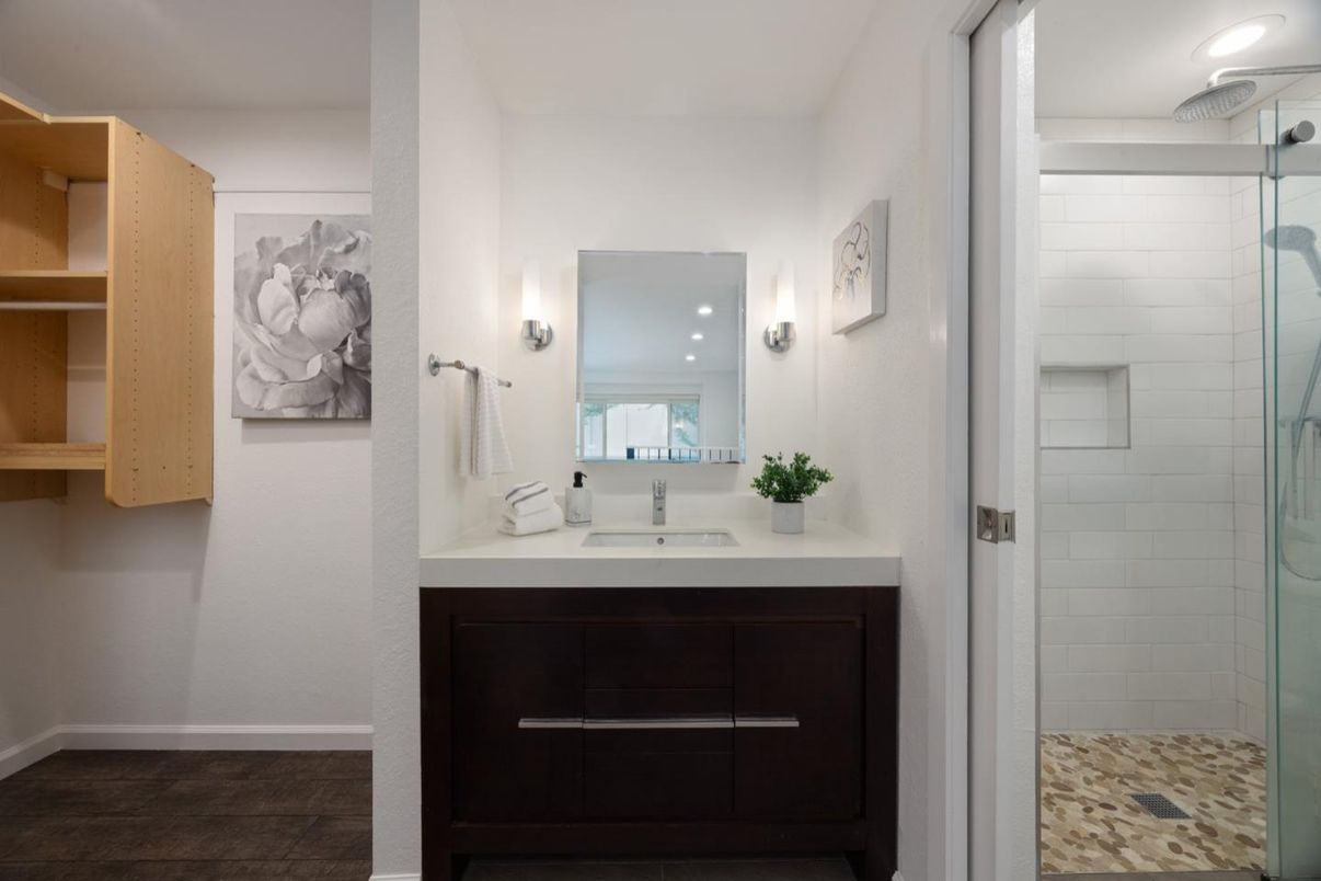 Bathroom, Dual Sink Vanities, Glass Shower, Interior, Recessed Lighting, Wood Texture Flooring