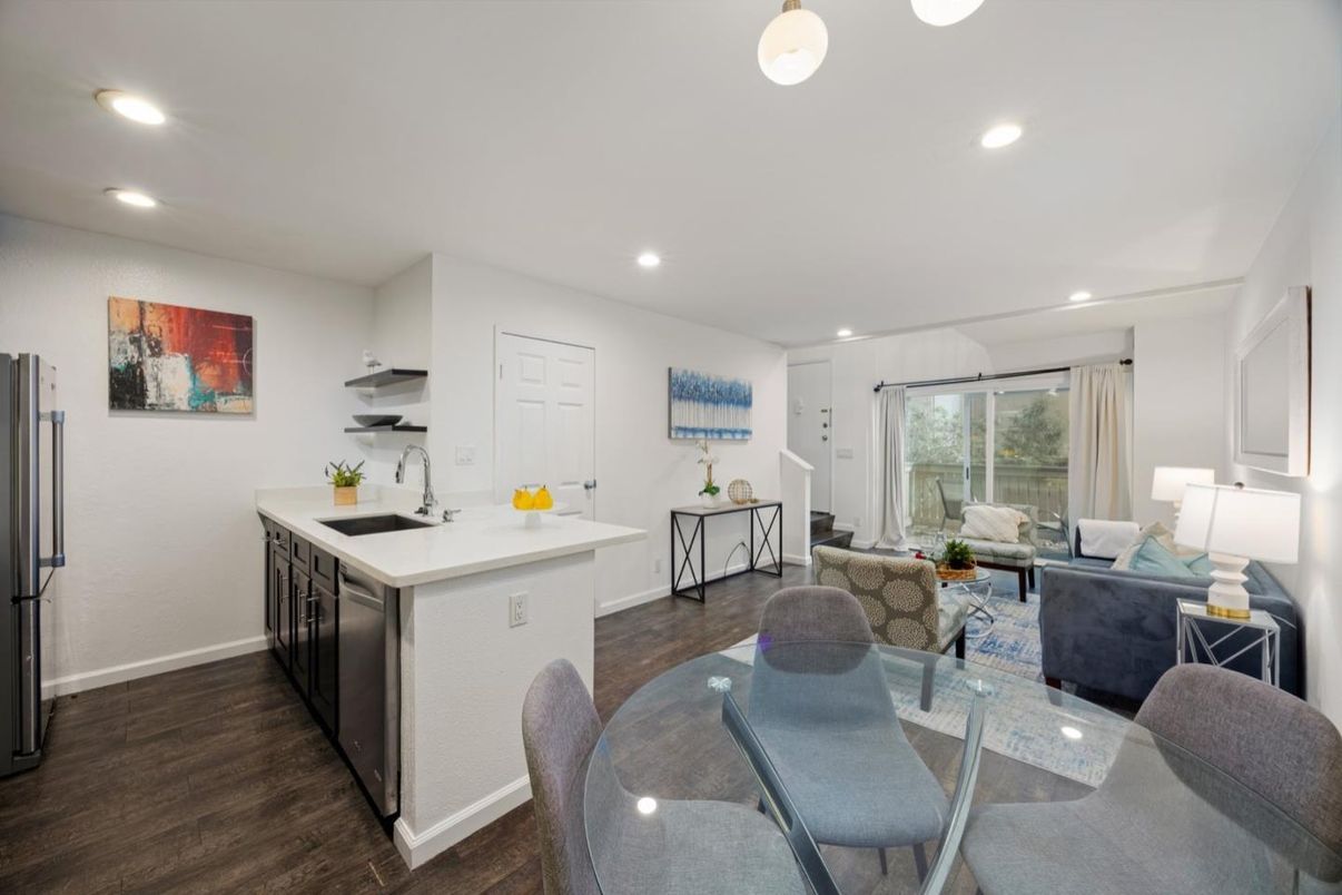 Dining room, Interior, Kitchen, Living room, Recessed Lighting, Wood Texture Flooring