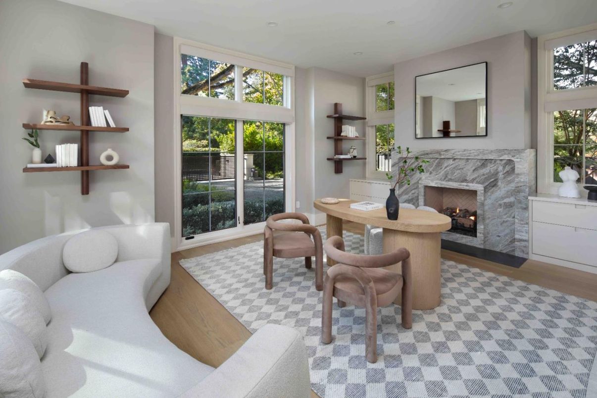 Fireplace, Interior, Recessed Lighting, Wood Texture Flooring